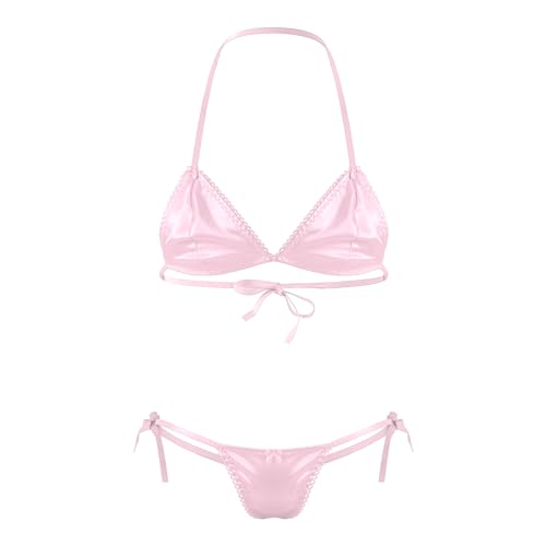 iEFiEL Herren Dessous Set Satin BH Bra + Sissy Höschen Tanga Slips Unterwäsche Set Männer Reizwäsche Bikini Set Rosa Einheitsgröße von iEFiEL