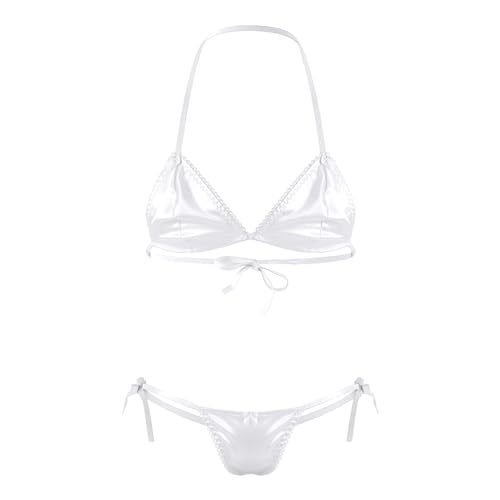 iEFiEL Herren Dessous Set Satin BH Bra + Sissy Höschen Tanga Slips Unterwäsche Set Männer Reizwäsche Bikini Set Weiß Einheitsgröße von iEFiEL