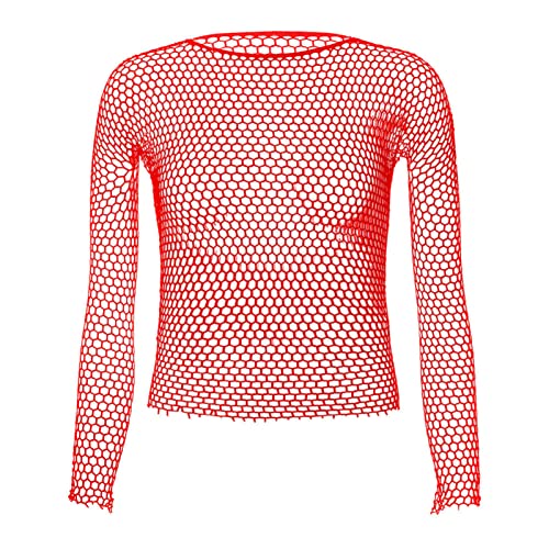 iEFiEL Herren Fischnetz T-Shirt Langarm Netzshirt Unterwäsche Netzstruktur Netzhemd Nachtclub Guywear Rot Einheitsgröße von iEFiEL
