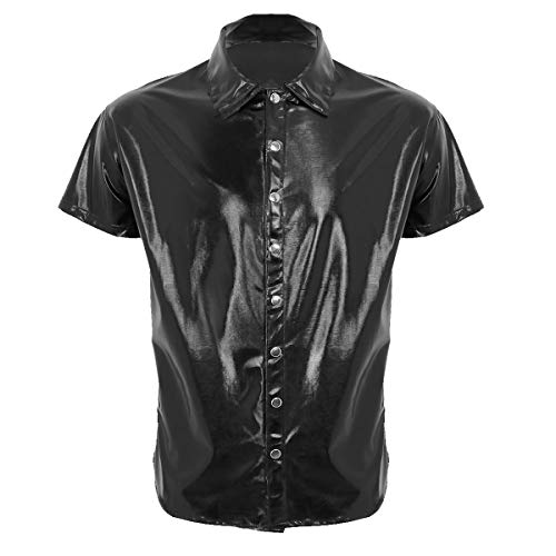 iEFiEL Herren Freizeithemd Kurzarm Wetlook Metallic Shirt Unterhemd Männer Polizei Muskelshirt mit Brustaschen Clubwear Schwarz Stil A Medium von iEFiEL