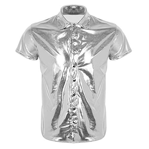 iEFiEL Herren Freizeithemd Kurzarm Wetlook Metallic Shirt Unterhemd Männer Polizei Muskelshirt mit Brustaschen Clubwear Silber Stil A XX-Large von iEFiEL