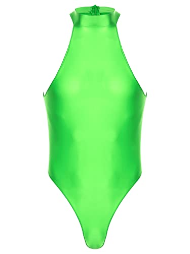 iEFiEL Herren Glänzende Body Einteiler Bodysuit mit Reißverschluss High Cut String Männerbody Nachtwäsche Dessous Fluoreszierendes Grün XL von iEFiEL