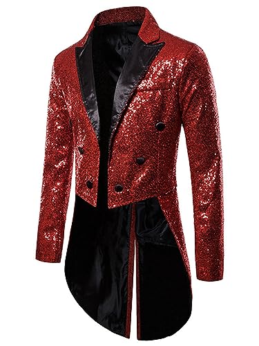 iEFiEL Herren Glitzer Frack Jacke Pailletten Sakko Smoking Mantel Blazer Freizeit 70er Disco Kostüm Anzugjacke Mottoparty Kostüm Rot L von iEFiEL