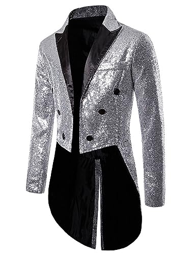 iEFiEL Herren Glitzer Frack Jacke Pailletten Sakko Smoking Mantel Blazer Freizeit 70er Disco Kostüm Anzugjacke Mottoparty Kostüm Silber M von iEFiEL