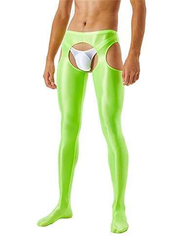 iEFiEL Herren Glänzend Öl Strumpfhosen Aushöhlen Leggings Lang Pantyhose Nylon Strumpfhose Tights Hose Offene Schritt Unterwäsche Fluorescent Green XL von iEFiEL