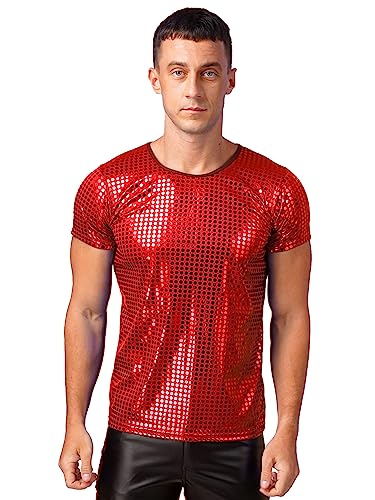 iEFiEL Herren Glitzer T-Shirts mit Pailletten Kurzarm Top Vintage Oberteile 70er Disco Tanzkostüm Oberteile Sportlich Shirts Rot M von iEFiEL