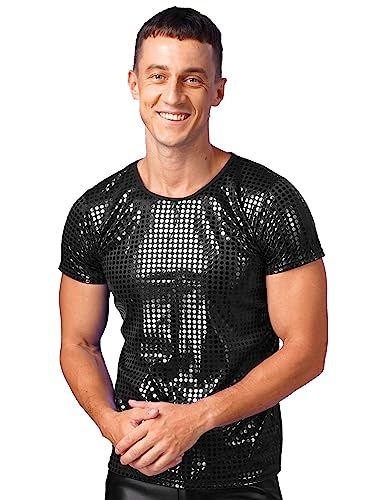 iEFiEL Herren Glitzer T-Shirts mit Pailletten Kurzarm Top Vintage Oberteile 70er Disco Tanzkostüm Oberteile Sportlich Shirts Schwarz M von iEFiEL