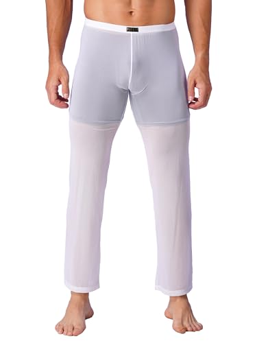 iEFiEL Herren Hose Mesh Schlafanzughosen Transparent Pyjamahose Unterhosen Lang Unterwäsche Strumpfhose Leggings Weiß XXL von iEFiEL