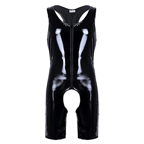 iEFiEL Herren Lackleder Overalls Wetlook Dessous Unterhemd Fitness Body Ouvert-Panties Trikot Bodysuit Ringershirt Schwarz Clubwear Schwarz 3XL von iEFiEL