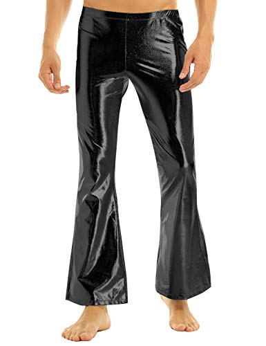 iEFiEL Herren Leder Hose Glänzende Schlaghose 70er Hippie Party Stretch Hose Retro Tanz Disco Latein Hose Wetlook Leggings Schwarz S von iEFiEL