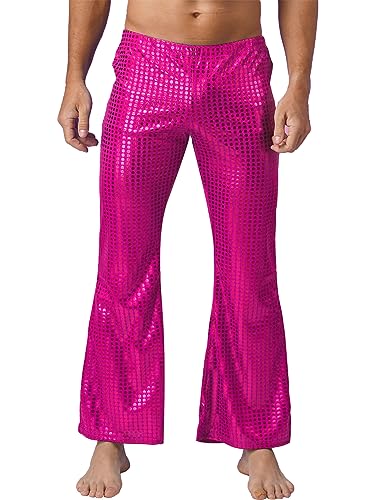 iEFiEL Herren Leder Hose Glänzende Schlaghose 70er Hippie Party Stretch Hose Retro Tanz Disco Latein Hose Wetlook Leggings X Hell Rosa L von iEFiEL