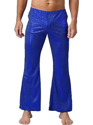 iEFiEL Herren Leder Hose Glänzende Schlaghose 70er Hippie Party Stretch Hose Retro Tanz Disco Latein Hose Wetlook Leggings X Königsblau L von iEFiEL