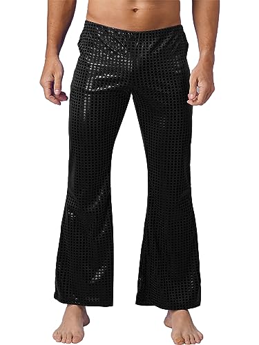 iEFiEL Herren Leder Hose Glänzende Schlaghose 70er Hippie Party Stretch Hose Retro Tanz Disco Latein Hose Wetlook Leggings X Schwarz M von iEFiEL