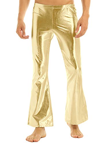 iEFiEL Herren Leder Hose Glänzende Schlaghose 70er Hippie Party Stretch Hose Retro Tanz Disco Latein Hose Wetlook Leggings Gold L von iEFiEL