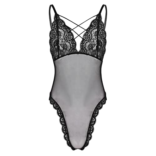 iEFiEL Herren Mesh Transparent Bodysuit Spitze Unterhemd Männer Bikini Slips Stringbody Dessous Unterwäsche Schwarz Rose Schwarz D 3XL von iEFiEL