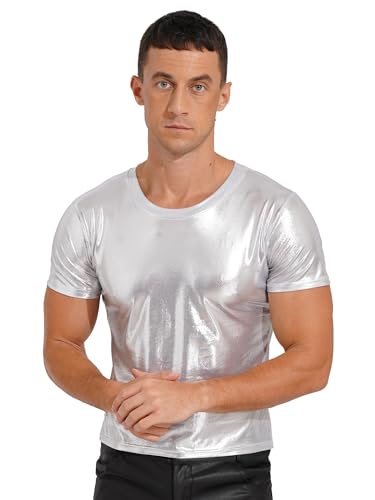 iEFiEL Herren Metallic T-Shirts Kurzarm Hemd Glänzende Oberteile Halloween 70er 80er Disco Tanzkostüm Top Sommer Freizeitshirts Silber XL von iEFiEL