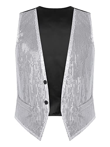 iEFiEL Herren Metallic Weste mit Pailletten Gentleman Smoking Kostüm Karneval Fashings Performance Party Anzugjacke Silber XXL von iEFiEL