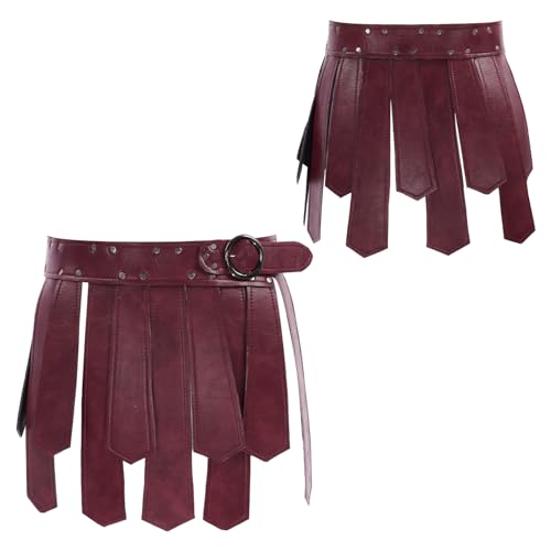 iEFiEL Herren Mittelalterlich Quastenrock Gladiator Krieger PU-Leder Taillengürtel Schottland Rock Wetlook Kilt Rock Halloween Karneval Cosplay Fasching Kostüm Burgundy A One Size von iEFiEL