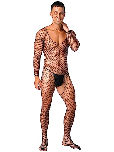 iEFiEL Herren Netz Body Lang Ganzanzug Transparent Overall Ganzkörperanzug Jumpsuit Langarm Bodysuit Langarm Hemd Unterwäsche Schwarz Einheitsgröße von iEFiEL