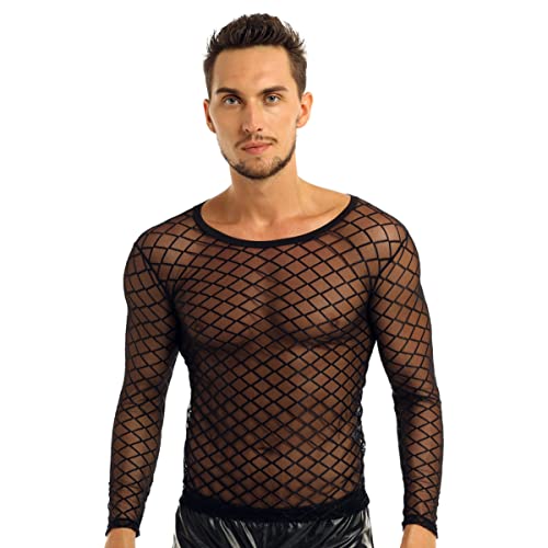 iEFiEL Herren Netz Unterhemd Langarm Netzshirt Slim Fit T-Shirt Transparent Unterwäsche Netzhemd Mesh Top Clubwear Schwarz Langarm Shirt M von iEFiEL