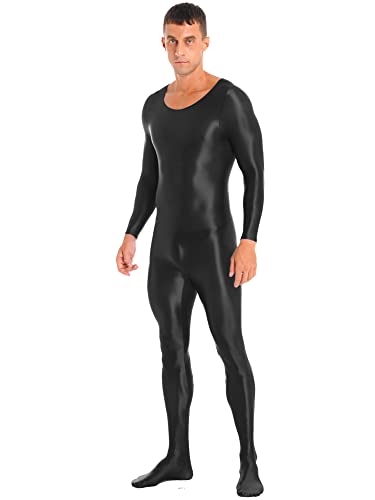 iEFiEL Herren Öl Body Ganzanzug Langarm Bodystocking Lang Jumpsuit Overall Glossy Catsuit Reizwäsche Unterwäsche Schwarz M von iEFiEL