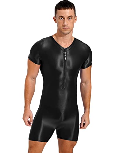 iEFiEL Herren Öl Body Glossy Ganzanzug Kurz Bodysuit Bodycon Sportbody mit Reißverschluss Eng Stretch Gymnastikbody Unterwäsche Schwarz XL von iEFiEL