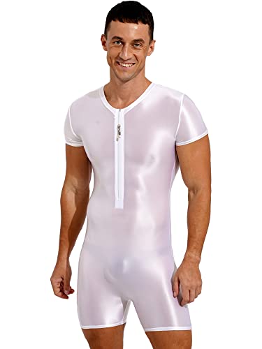 iEFiEL Herren Öl Body Glossy Ganzanzug Kurz Bodysuit Bodycon Sportbody mit Reißverschluss Eng Stretch Gymnastikbody Unterwäsche Weiß M von iEFiEL