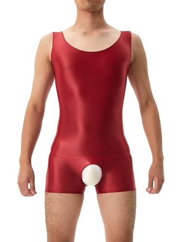 iEFiEL Herren Öl Body Glossy Ganzanzug Kurz Bodysuit Bodycon Sportbody mit Reißverschluss Eng Stretch Gymnastikbody Unterwäsche Xa Burgundy M von iEFiEL