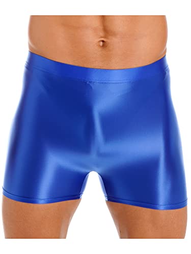 iEFiEL Herren Öl Boxershorts Glanz Unterwäsche Stretch Boxer Briefs Lang Unterhose Männer Kurz Höschen Eng Shiny Reizwäsche Blau L von iEFiEL