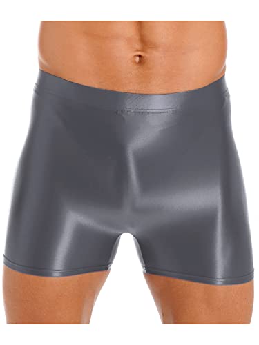 iEFiEL Herren Öl Boxershorts Glanz Unterwäsche Stretch Boxer Briefs Lang Unterhose Männer Kurz Höschen Eng Shiny Reizwäsche Grau L von iEFiEL