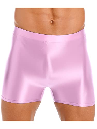 iEFiEL Herren Öl Boxershorts Glanz Unterwäsche Stretch Boxer Briefs Lang Unterhose Männer Kurz Höschen Eng Shiny Reizwäsche Rosa L von iEFiEL