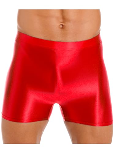 iEFiEL Herren Öl Boxershorts Glanz Unterwäsche Stretch Boxer Briefs Lang Unterhose Männer Kurz Höschen Eng Shiny Reizwäsche Rot L von iEFiEL