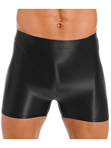 iEFiEL Herren Öl Boxershorts Glanz Unterwäsche Stretch Boxer Briefs Lang Unterhose Männer Kurz Höschen Eng Shiny Reizwäsche Schwarz L von iEFiEL