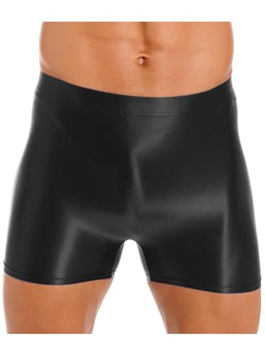 iEFiEL Herren Öl Boxershorts Glanz Unterwäsche Stretch Boxer Briefs Lang Unterhose Männer Kurz Höschen Eng Shiny Reizwäsche Schwarz XL von iEFiEL