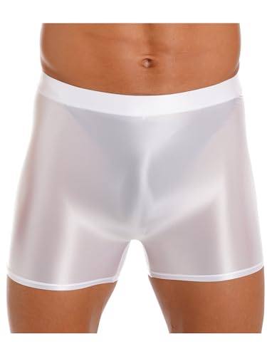 iEFiEL Herren Öl Boxershorts Glanz Unterwäsche Stretch Boxer Briefs Lang Unterhose Männer Kurz Höschen Eng Shiny Reizwäsche Weiß XL von iEFiEL