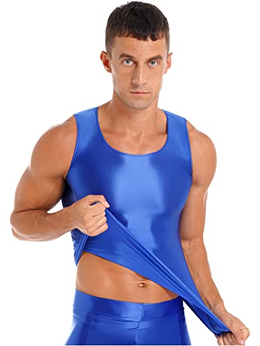 iEFiEL Herren Öl Tank Top Classic Unterhemd Glänzende Hemd Ärmellose Shirt Männer Muskelshirt Stretch T-Shirts Clubwear Blau Öl XL von iEFiEL