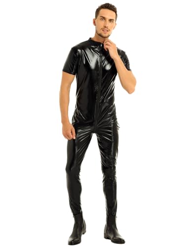 iEFiEL Herren Overall Einteiler Wetlook Bodysuit Kurzarm/Ärmellose Ganzanzug Jumpsuit Kunstleder Leder Pants Hosen Anzug Clubwear Schwarz L von iEFiEL