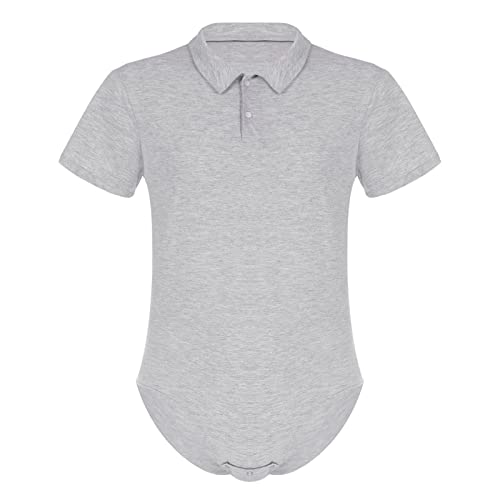 iEFiEL Herren Overall mit Kent Kragen Kurzarm Poloshirt Hemd Bodysuit mit Druckknöpfe im Schritt Männer Sportbody Tops Clubwear Grau 4XL von iEFiEL