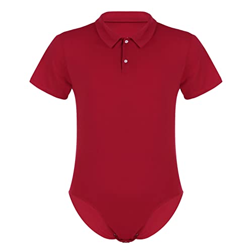 iEFiEL Herren Overall mit Kent Kragen Kurzarm Poloshirt Hemd Bodysuit mit Druckknöpfe im Schritt Männer Sportbody Tops Clubwear Rot XXL von iEFiEL