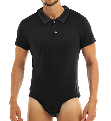 iEFiEL Herren Overall mit Kent Kragen Kurzarm Poloshirt Hemd Bodysuit mit Druckknöpfe im Schritt Männer Sportbody Tops Clubwear Schwarz 4XL von iEFiEL