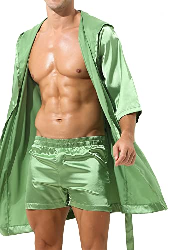 iEFiEL Herren Satin Bademantel mit Kapuze und Gürtel Pyjamas Morgenmantel Nachtwäsche Einfarbig Robe Grün XL von iEFiEL