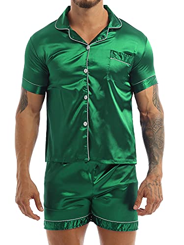 iEFiEL Herren Schlafanzug lang/kurz Satin Jungen Herren Pyjama kurz V-Ausschnitt Schlafanzug Zweiteiliger Sommer Loungewear Grün (Herren) L von iEFiEL