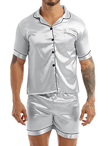 iEFiEL Herren Schlafanzug lang/kurz Satin Jungen Herren Pyjama kurz V-Ausschnitt Schlafanzug Zweiteiliger Sommer Loungewear Silber (Herren) M von iEFiEL