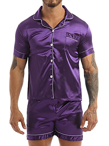 iEFiEL Herren Schlafanzug lang/kurz Satin Jungen Herren Pyjama kurz V-Ausschnitt Schlafanzug Zweiteiliger Sommer Loungewear Violett (Herren) M von iEFiEL