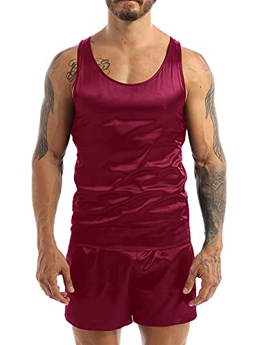 iEFiEL Herren Schlafanzug lang/kurz Satin Jungen Herren Pyjama kurz V-Ausschnitt Schlafanzug Zweiteiliger Sommer Loungewear Y Burgundy (Herren) Ärmellos XL von iEFiEL