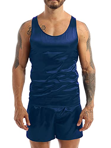 iEFiEL Herren Schlafanzug lang/kurz Satin Jungen Herren Pyjama kurz V-Ausschnitt Schlafanzug Zweiteiliger Sommer Loungewear Y Marineblau (Herren) Ärmellos L von iEFiEL