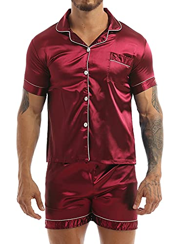 iEFiEL Herren Schlafanzug lang/kurz Satin Jungen Herren Pyjama kurz V-Ausschnitt Schlafanzug Zweiteiliger Sommer Loungewear Burgundy (Herren) XXL von iEFiEL