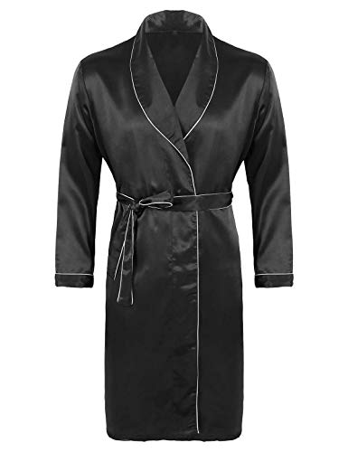 iEFiEL Herren Seide Satin Bademantel Elegant Morgenmantel Leichtes Nachthemd V-Ausschnitt Kimono Robe Mit Gürtel Nachtäsche Schwarz 3XL von iEFiEL