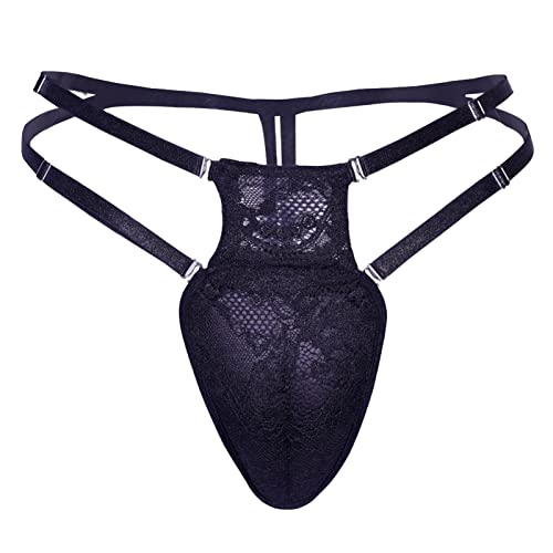 iEFiEL Herren Sissy G-String Spitze Unterwäsche Offenen Riemenstring Low Rise Höschen Shorts Einfarbig Bikinislips Schwarz Einheitsgröße von iEFiEL