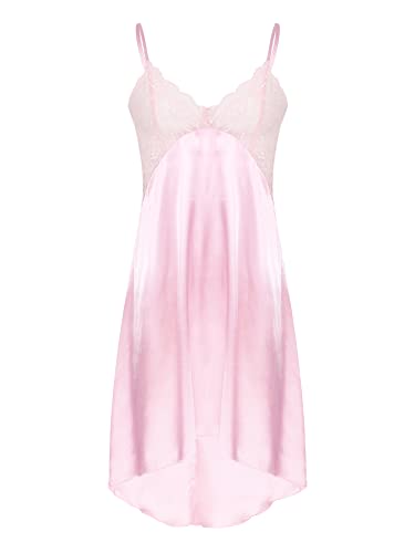 iEFiEL Herren Sissy Kleid lang Satin Nachthemd Nachtkleid mit Spitzen Saum Schlafanzug elegant Herrenkleid weich Pyjama Kleider Rosa Hi-Lo Stil XXL von iEFiEL